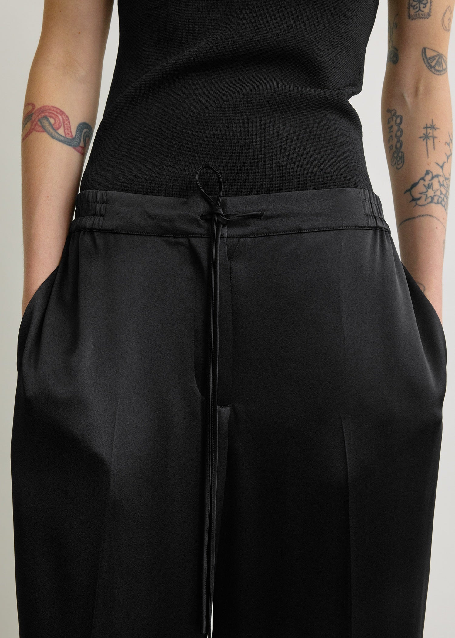 Satin drawstring trousers black