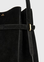 Belted suede bucket bag black
