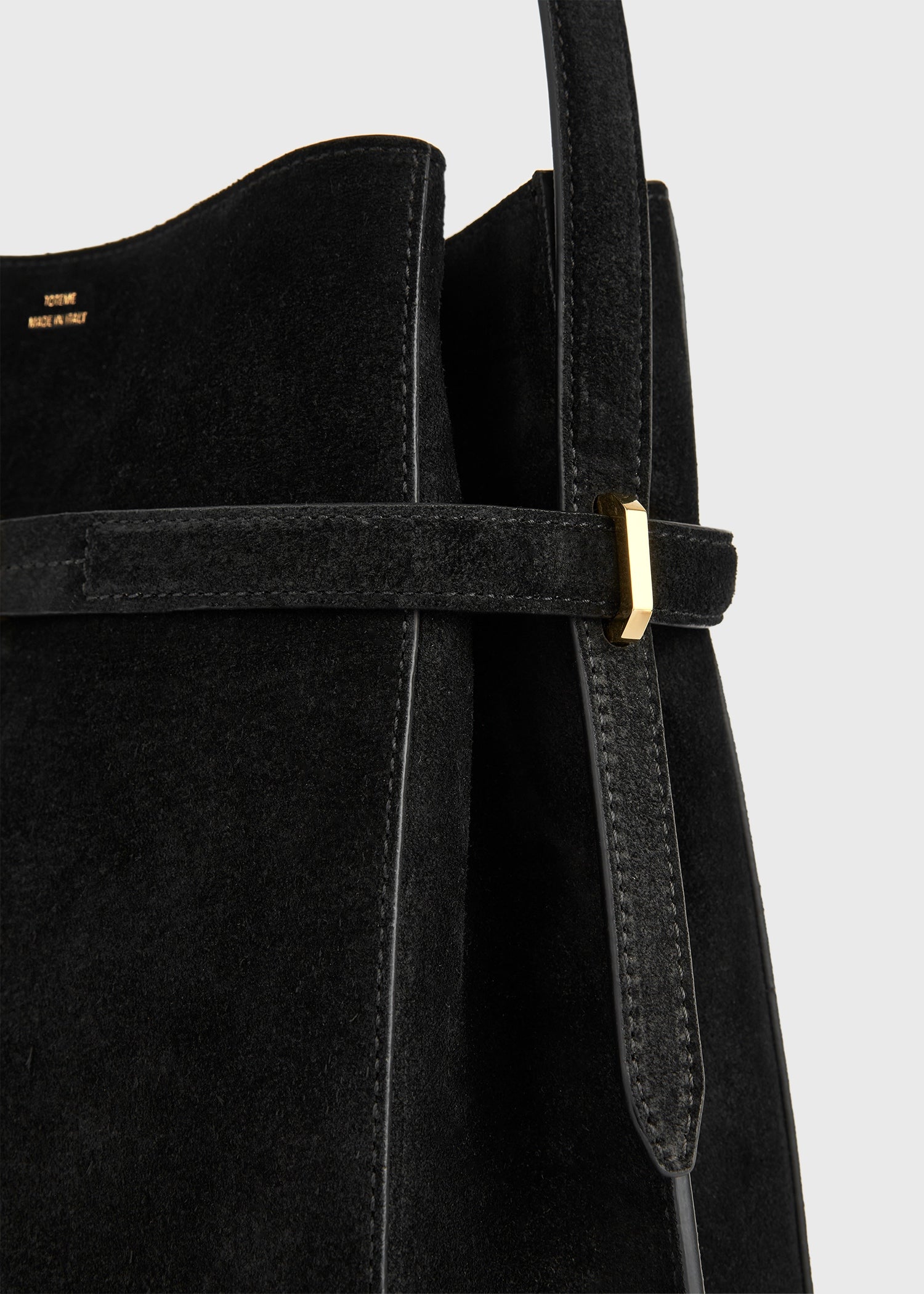 Belted suede bucket bag black
