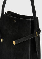 Belted suede bucket bag black