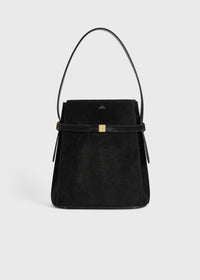 Belted suede bucket bag black