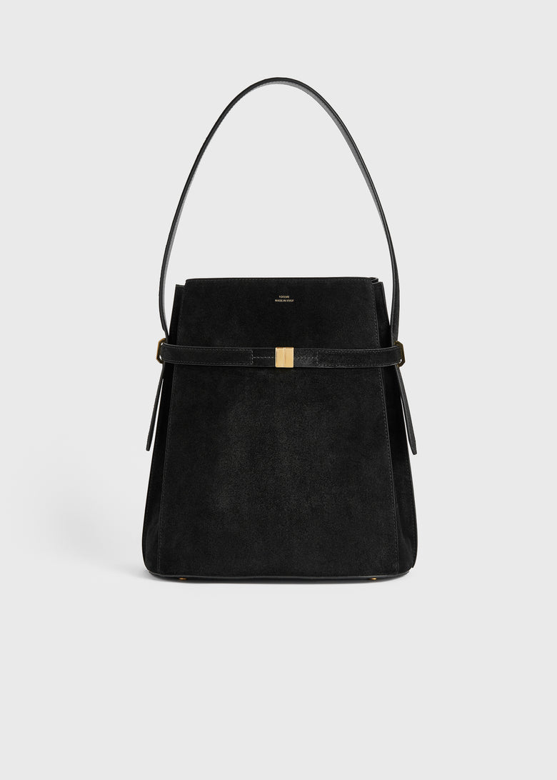 Belted suede bucket bag black