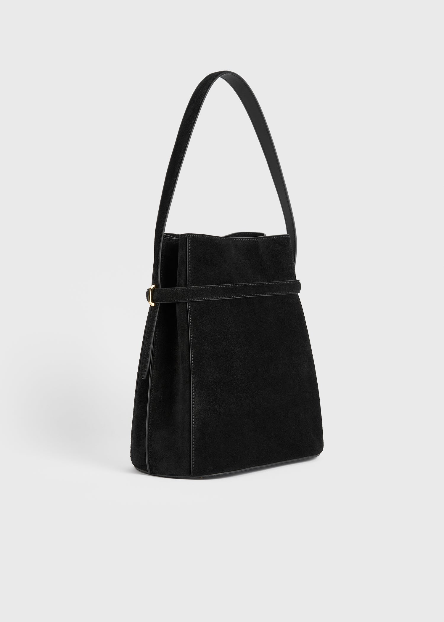 Belted suede bucket bag black