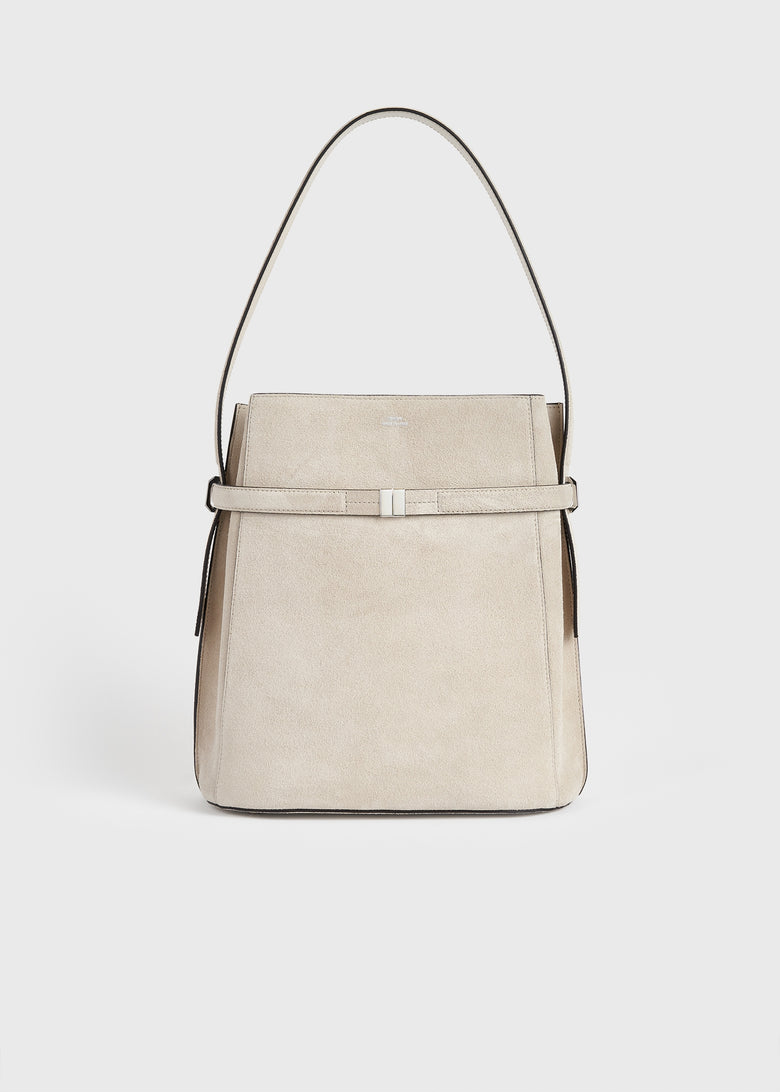 Belted suede bucket bag pearl