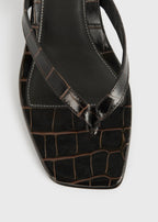 Croco-embossed heeled flip flops dark brown