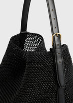 Belted woven-leather tote black