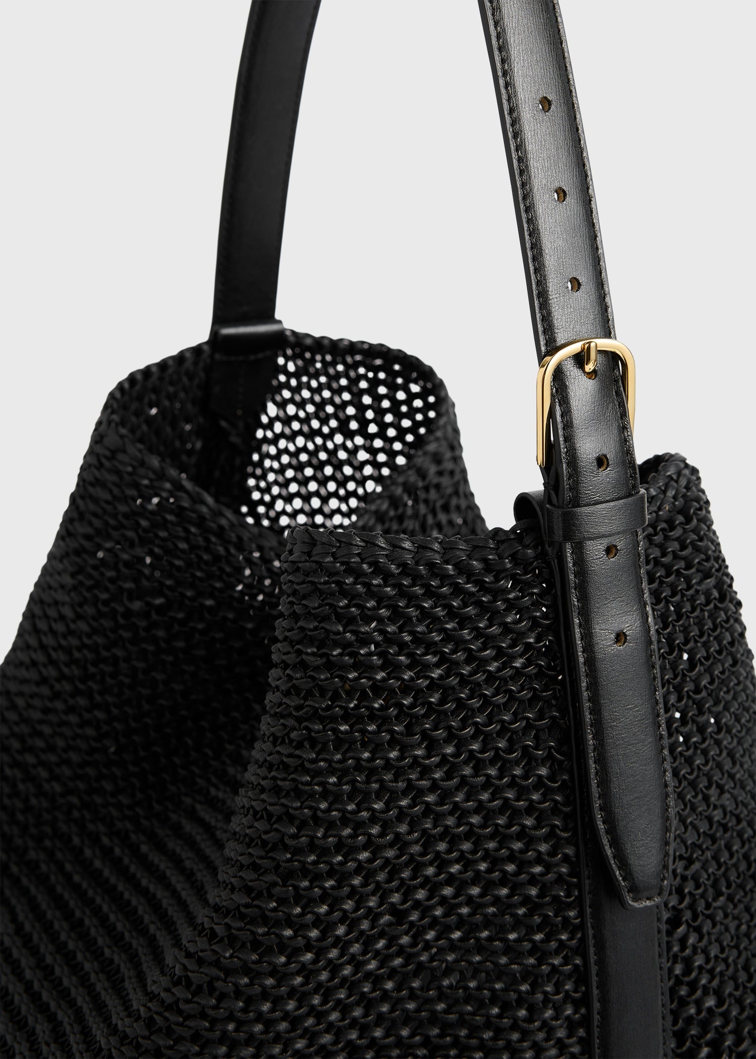 Belted woven-leather tote black