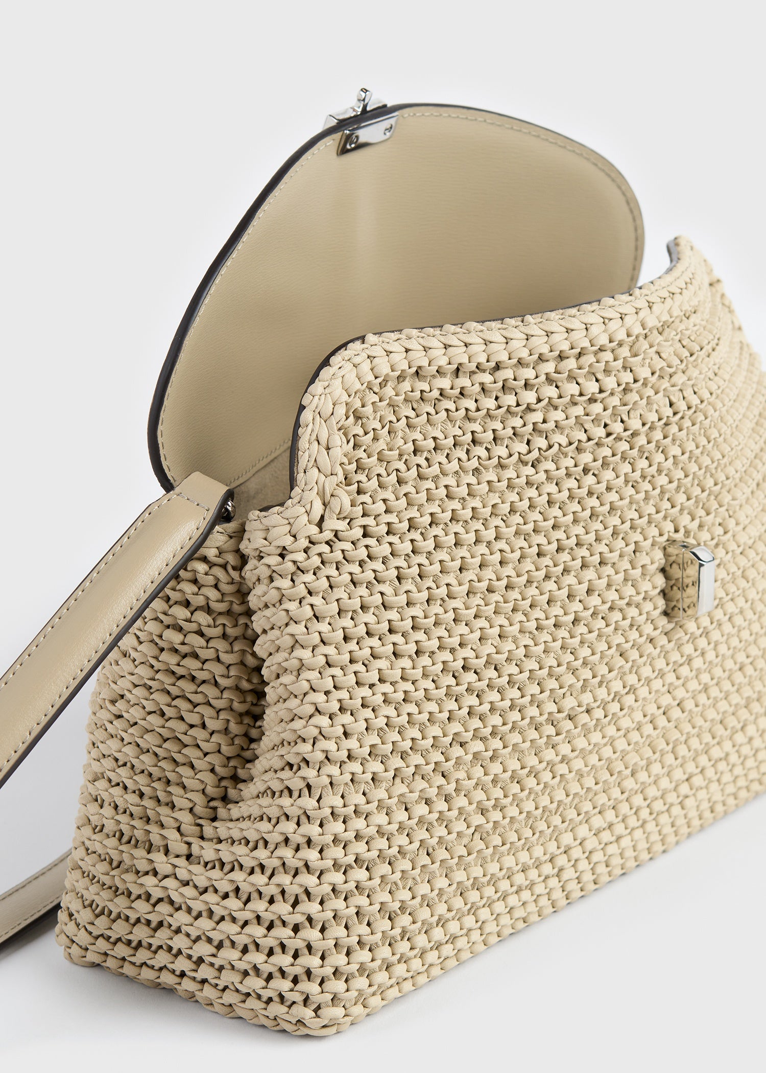 T-lock woven-leather clutch fawn