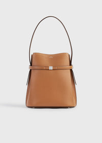 Belted grained-leather bucket bag tan