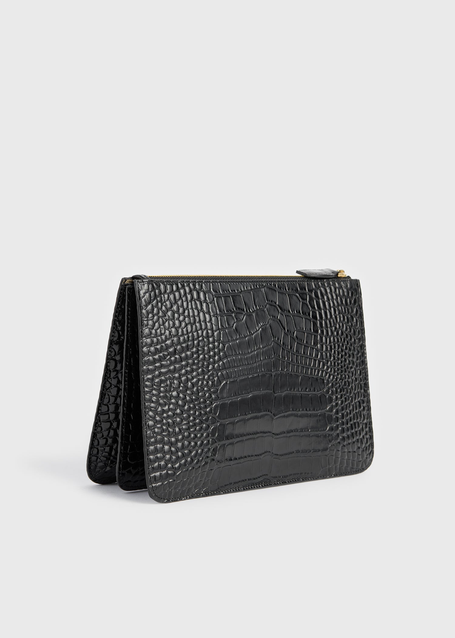 Threefold croco-embossed clutch black