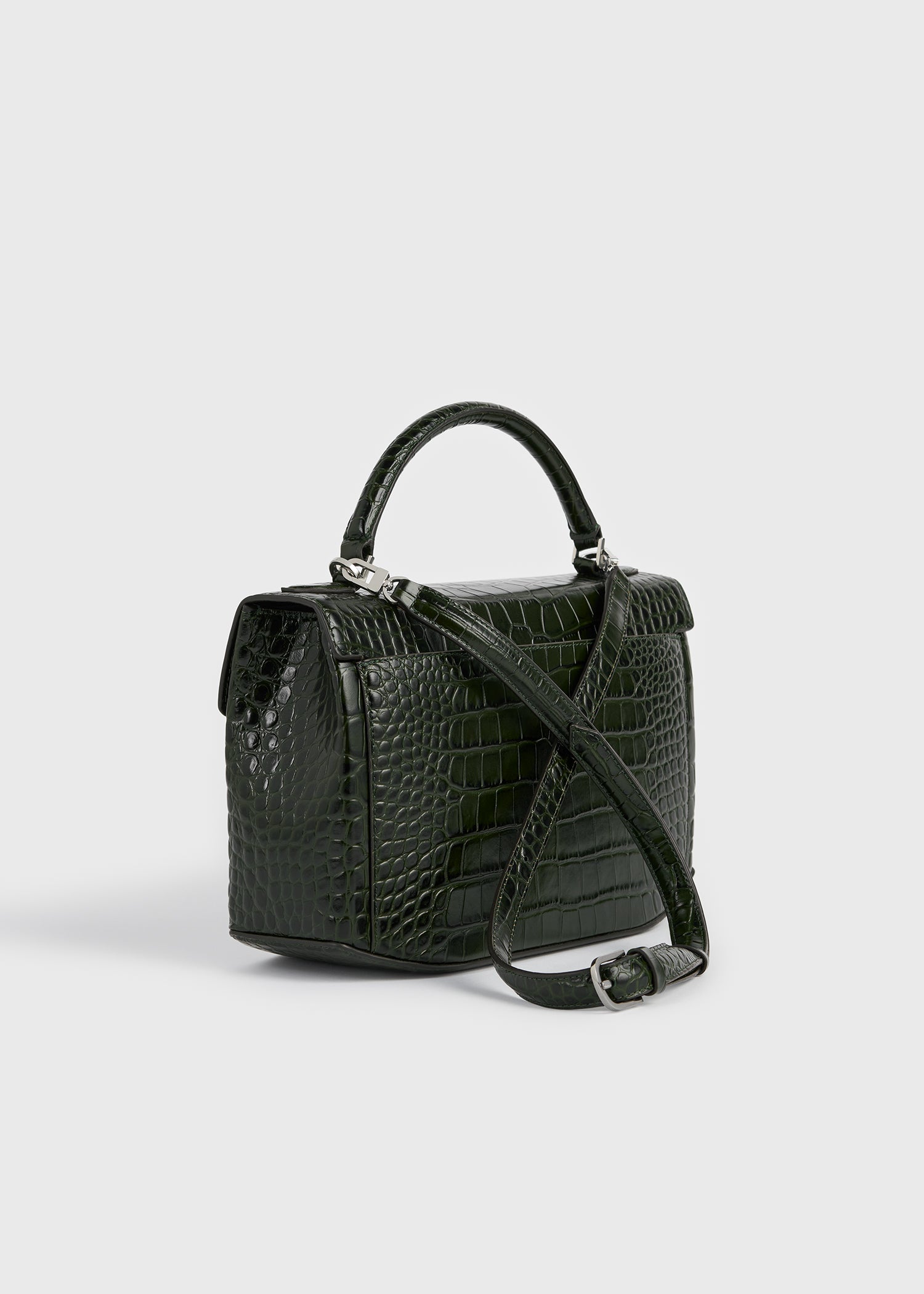 Clip croco-embossed top handle dark green