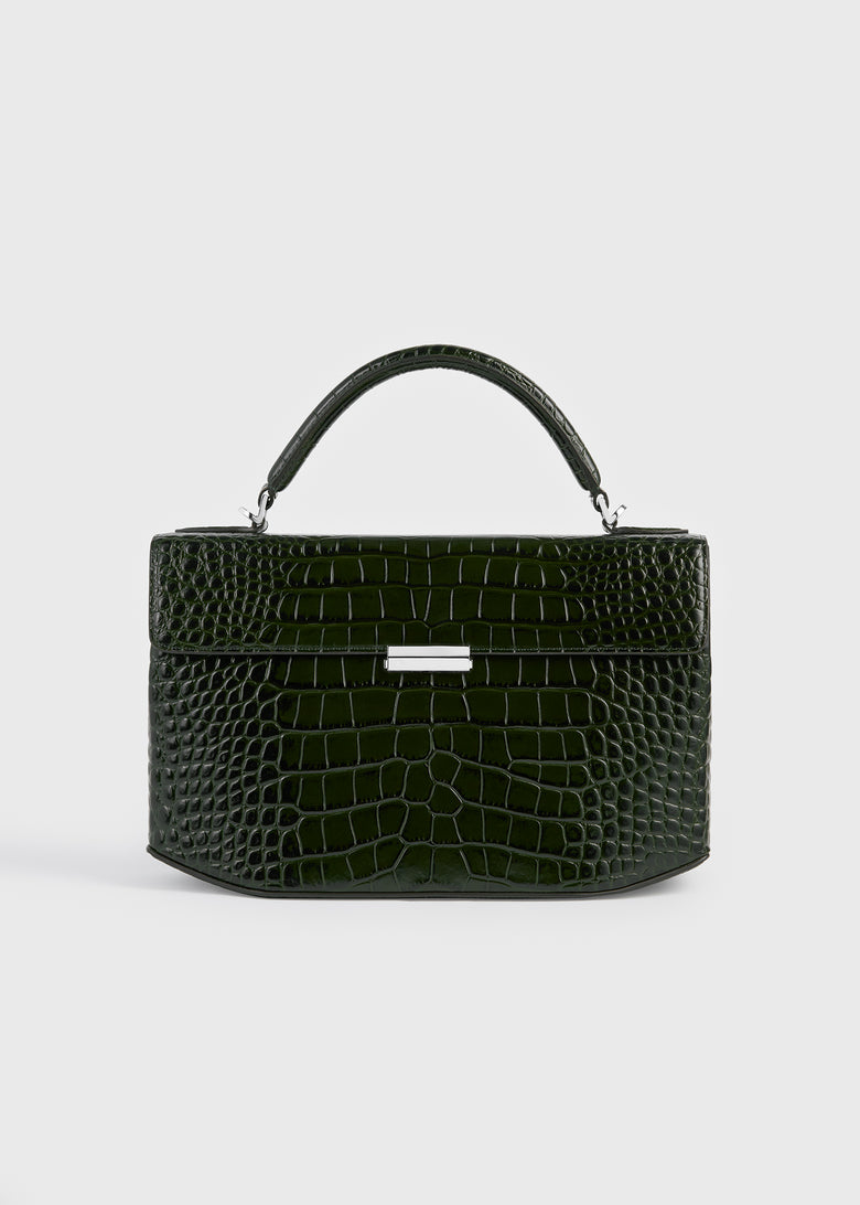 Clip croco-embossed top handle dark green