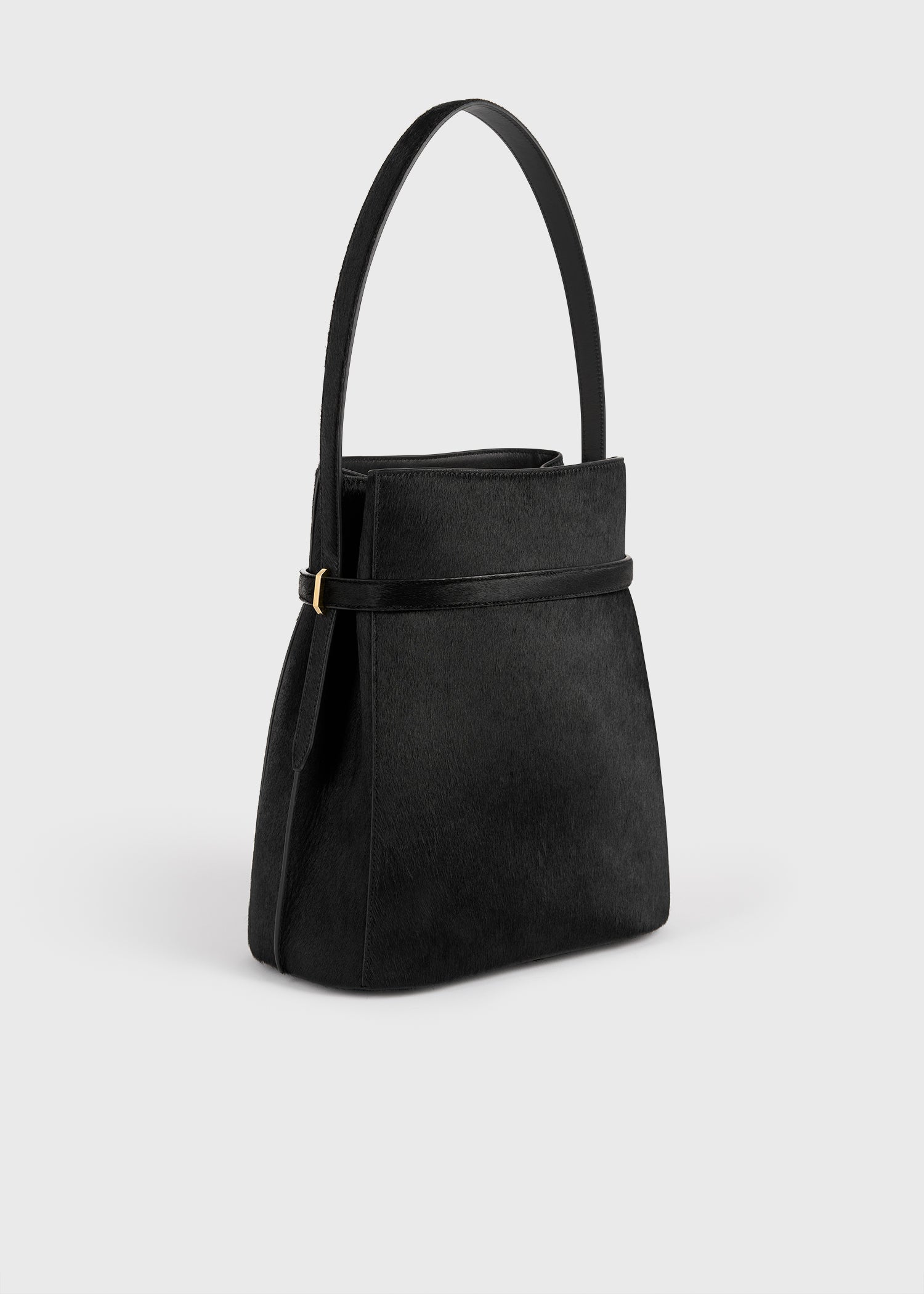 Belted pony hair bucket bag black