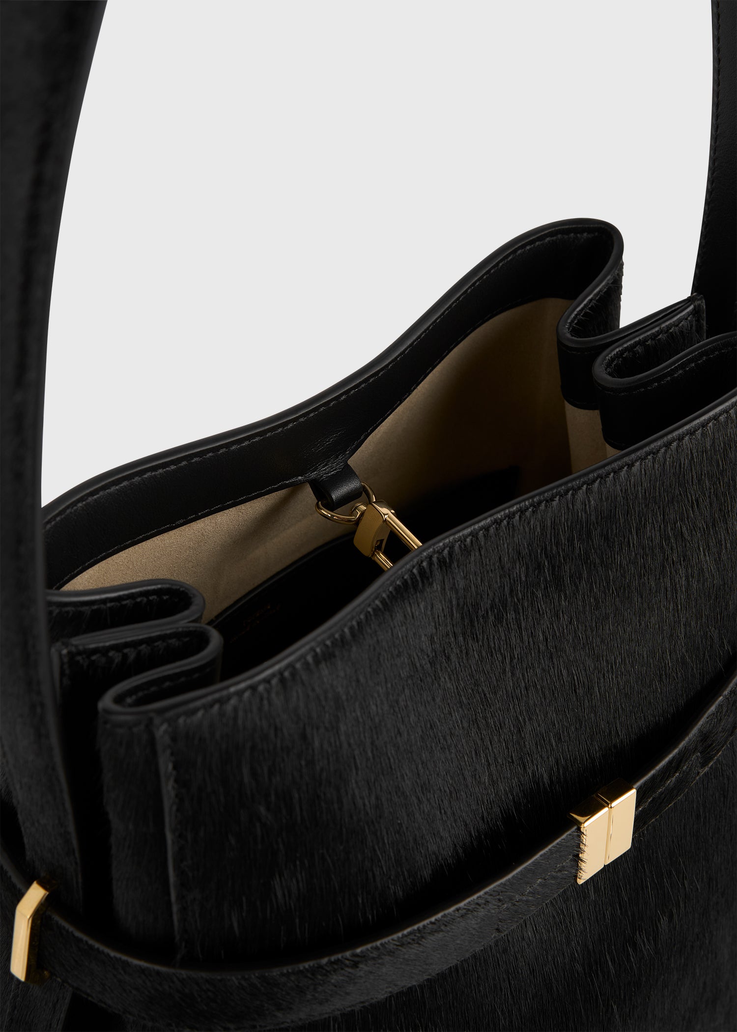 Belted pony hair bucket bag black