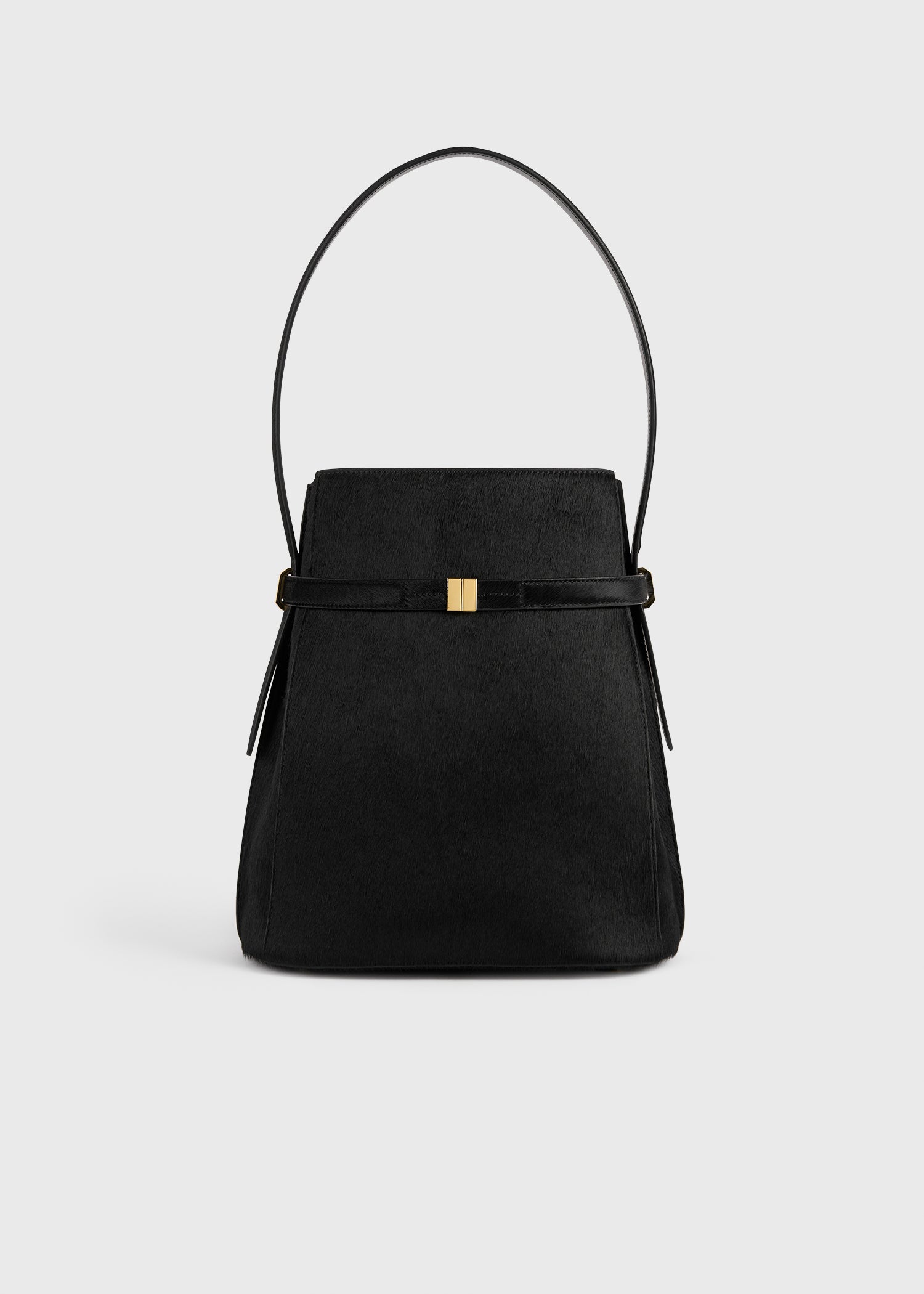 Belted pony hair bucket bag black