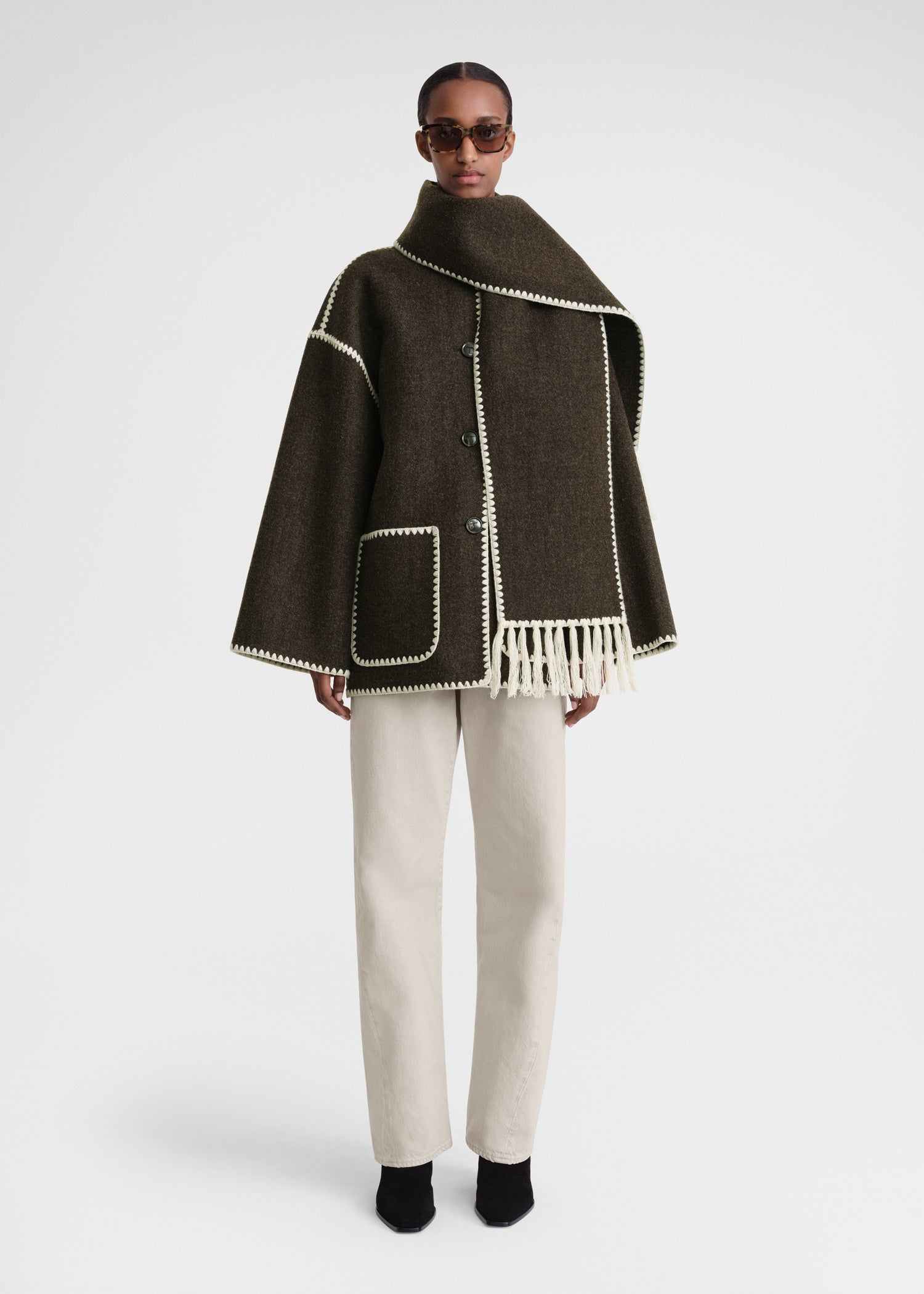 Embroidered scarf jacket chocolate melange – TOTEME