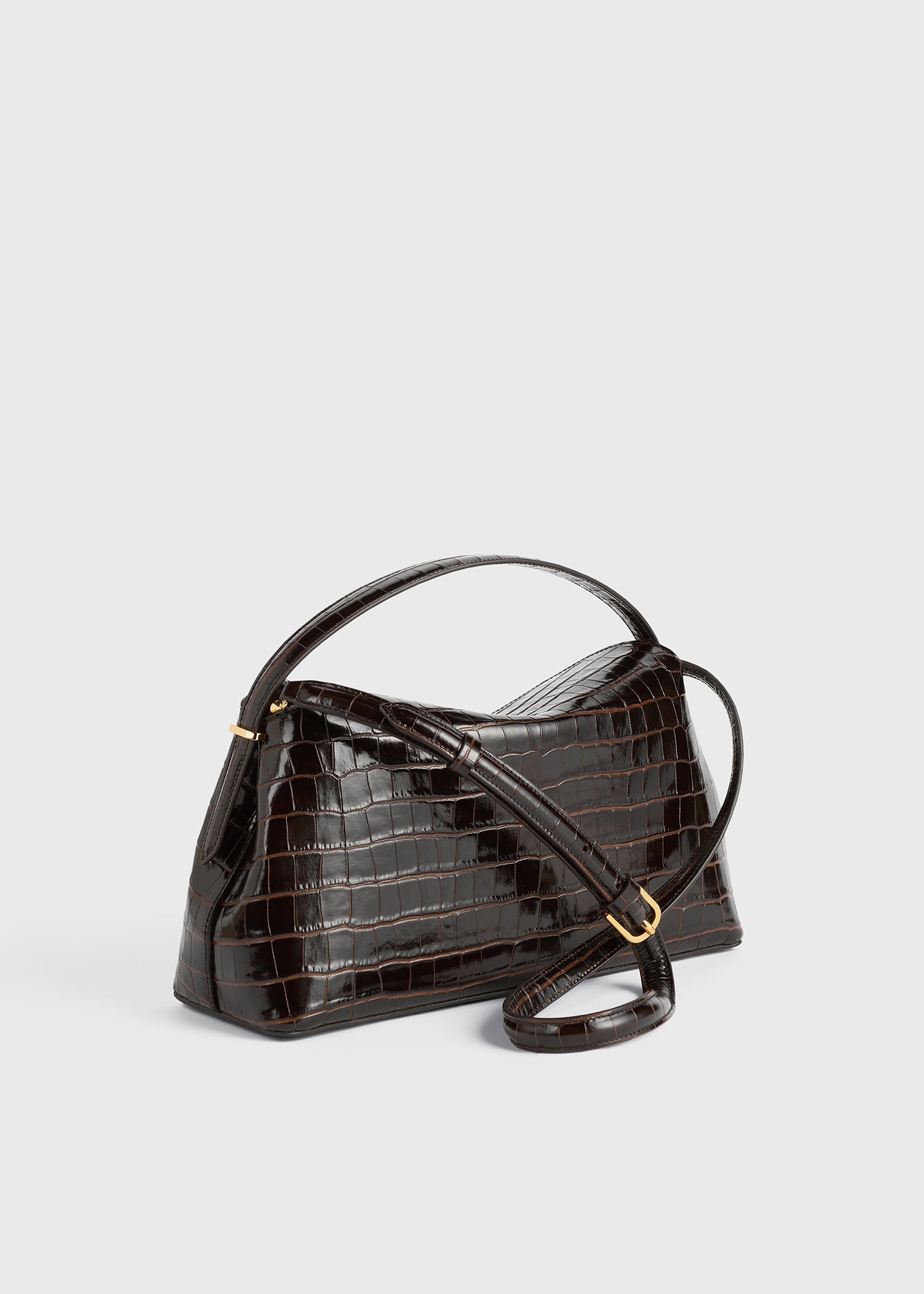 T-lock croco-embossed top handle dark brown