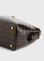 T-lock croco-embossed top handle dark brown