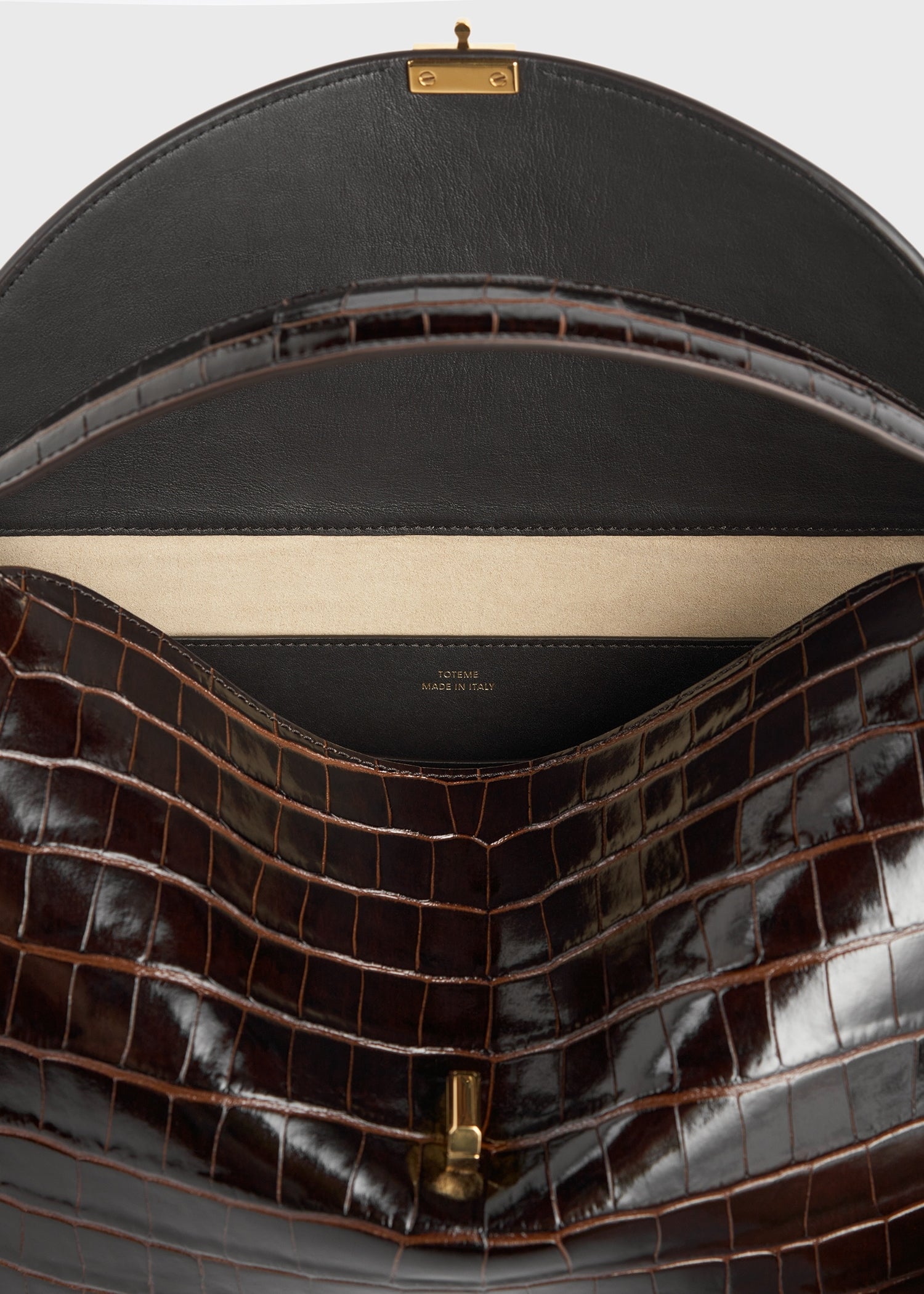 T-lock croco-embossed top handle dark brown