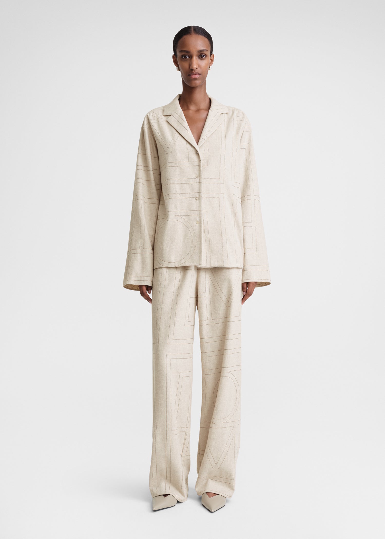 Monogram flannel pj top light beige melange