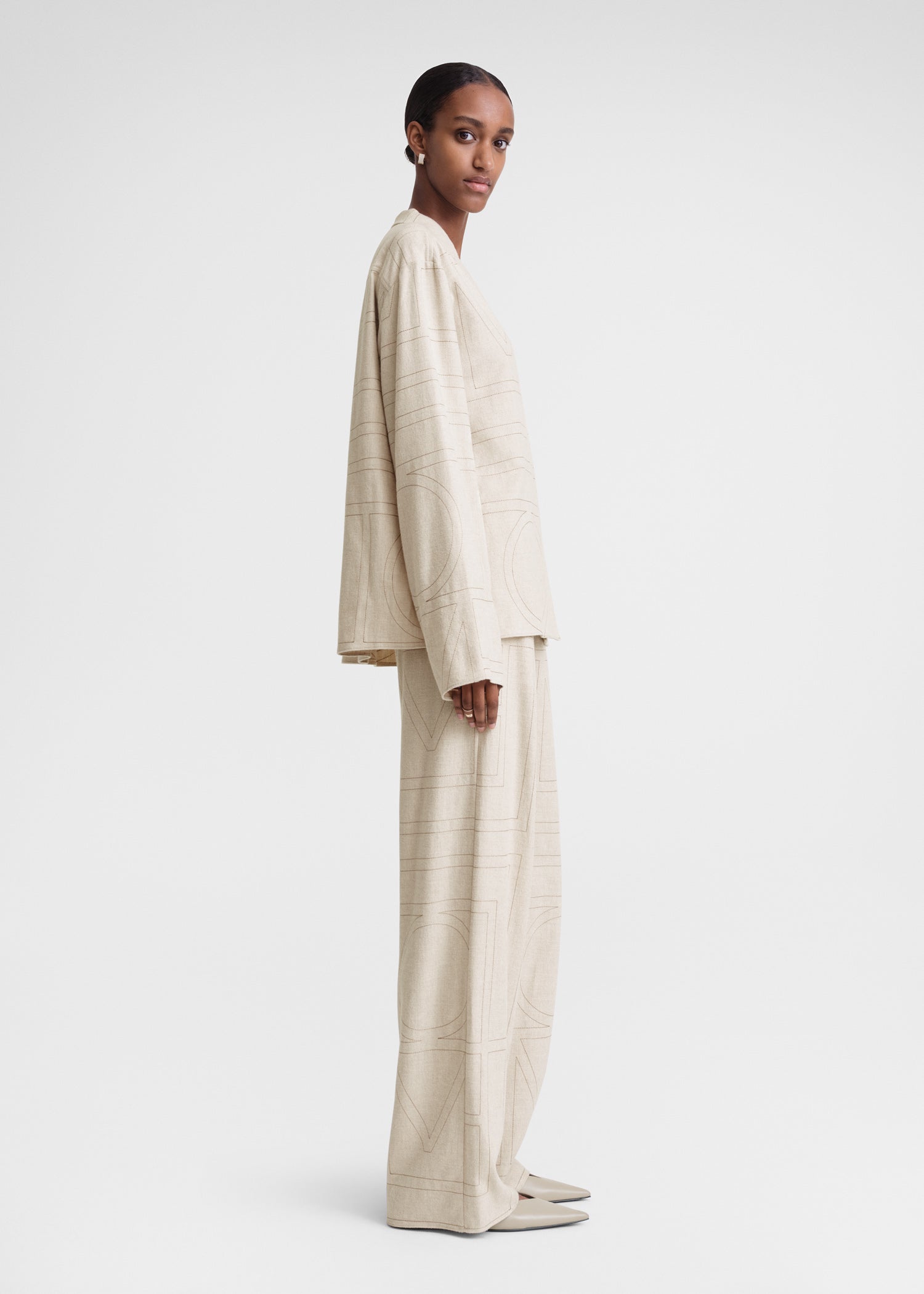 Monogram flannel pj top light beige melange