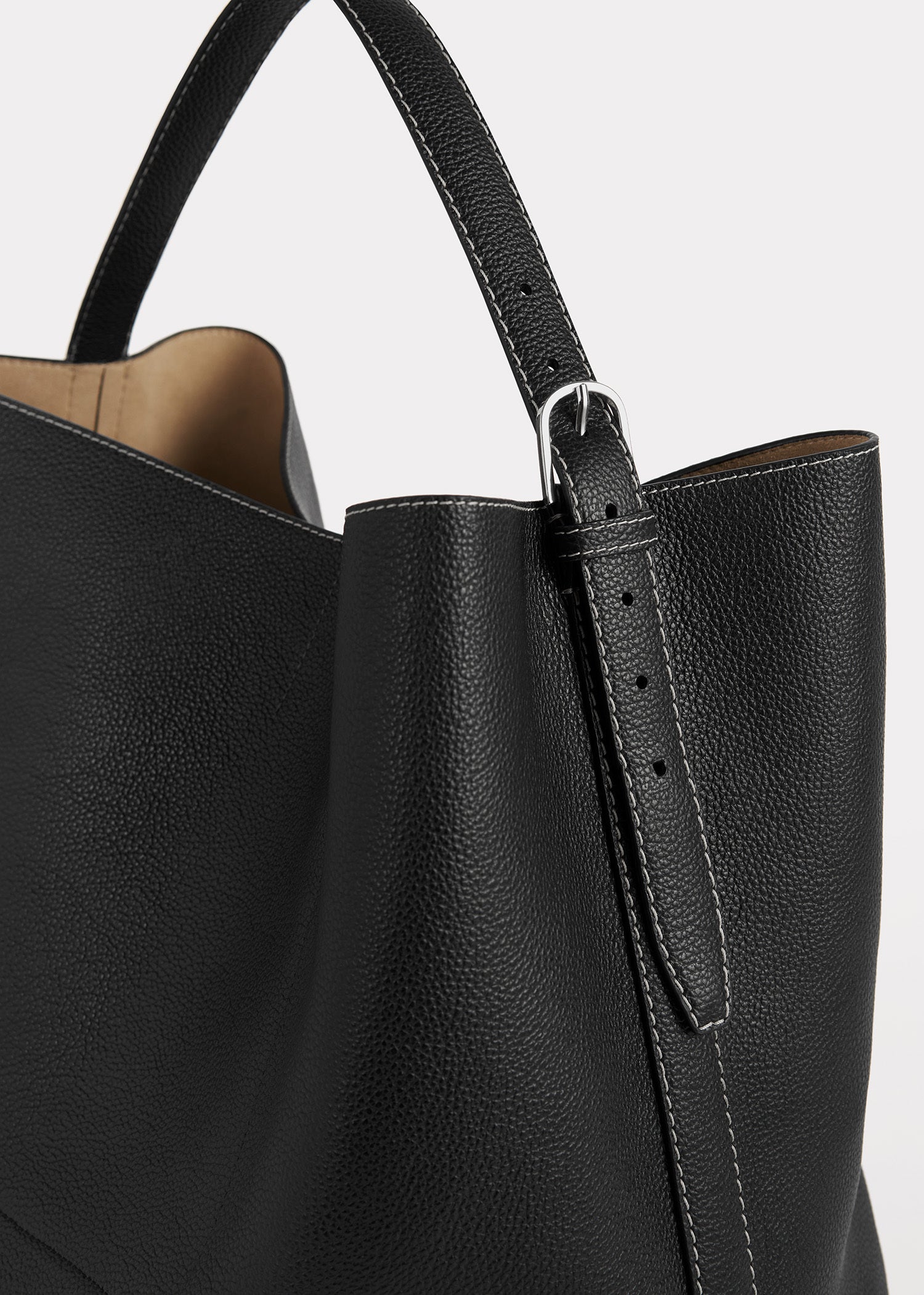 Belted grained-leather tote black